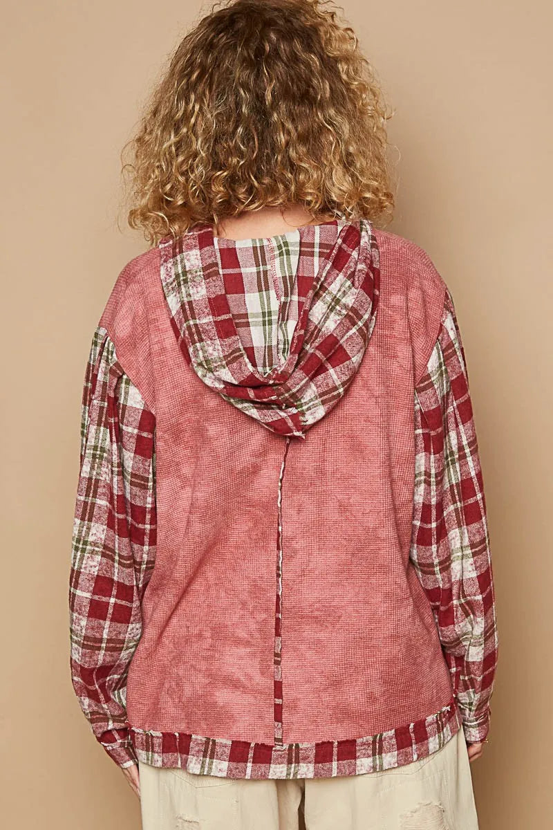 Red plaid long-sleeve hooded top with POL Star patch from Trendsi, featuring a casual, stylish design and cozy fit.