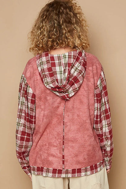 Red plaid long-sleeve hooded top with POL Star patch from Trendsi, featuring a casual, stylish design and cozy fit.