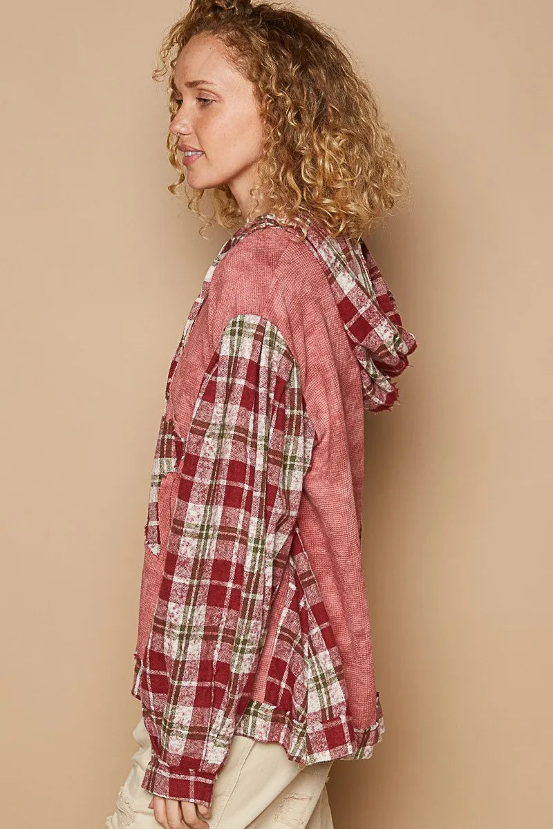 Red and beige plaid long sleeve hooded top with star patches from Trendsi, featuring a casual, cozy design.