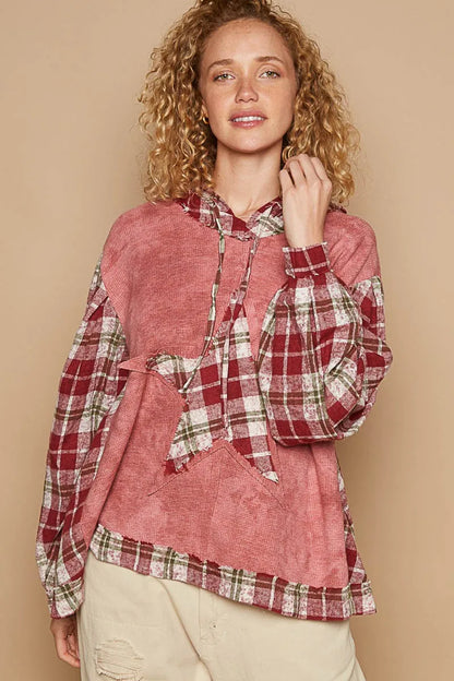 Red plaid long sleeve hooded top with POL star patch from Trendsi, featuring a casual, stylish design with a hood and plaid pattern.
