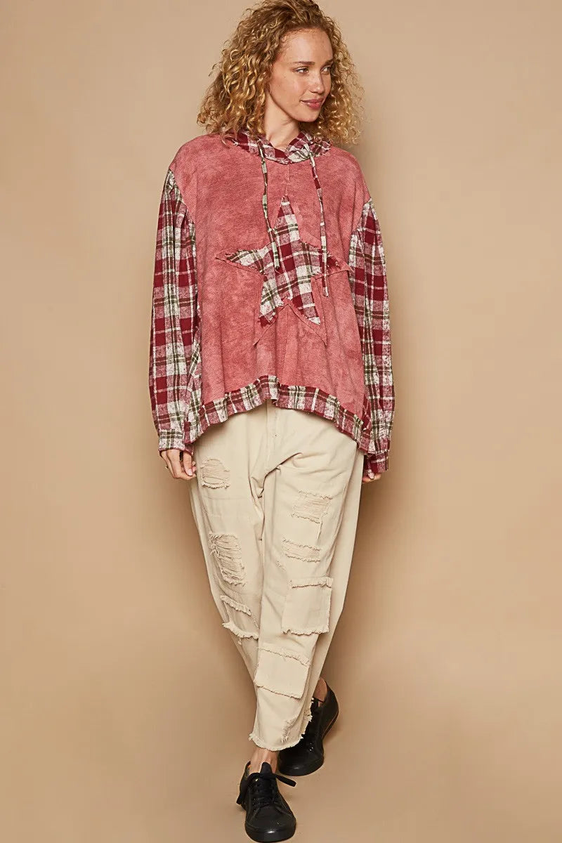Red and black plaid long sleeve hooded top with POL star patches, casual trendy style by Trendsi.