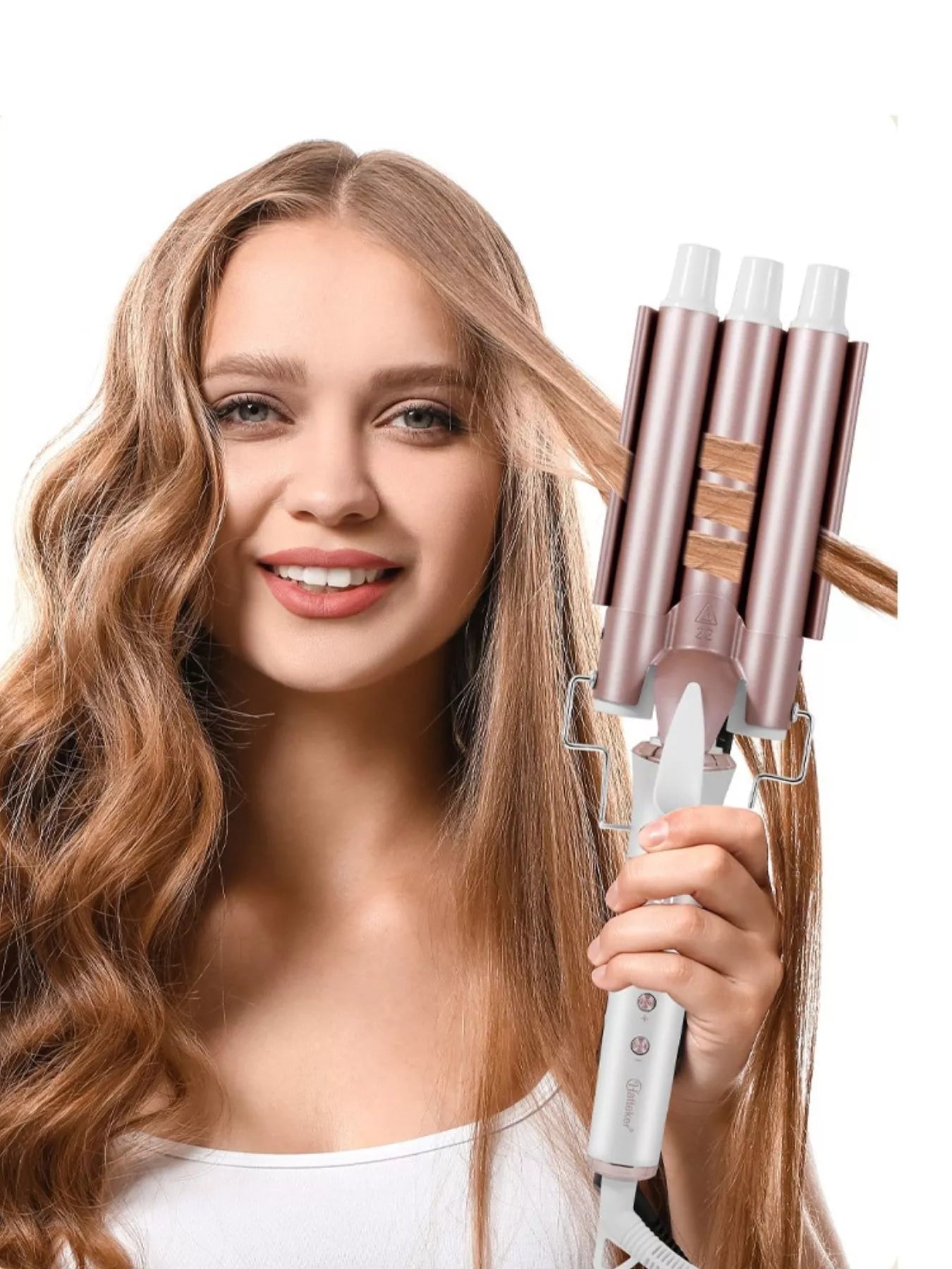Trendsi rose gold 3-barrel hair curling iron with European plug, showcasing its sleek design and multiple barrel curling features.