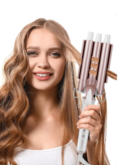 Trendsi rose gold 3-barrel hair curling iron with European plug, showcasing its sleek design and multiple barrel curling features.