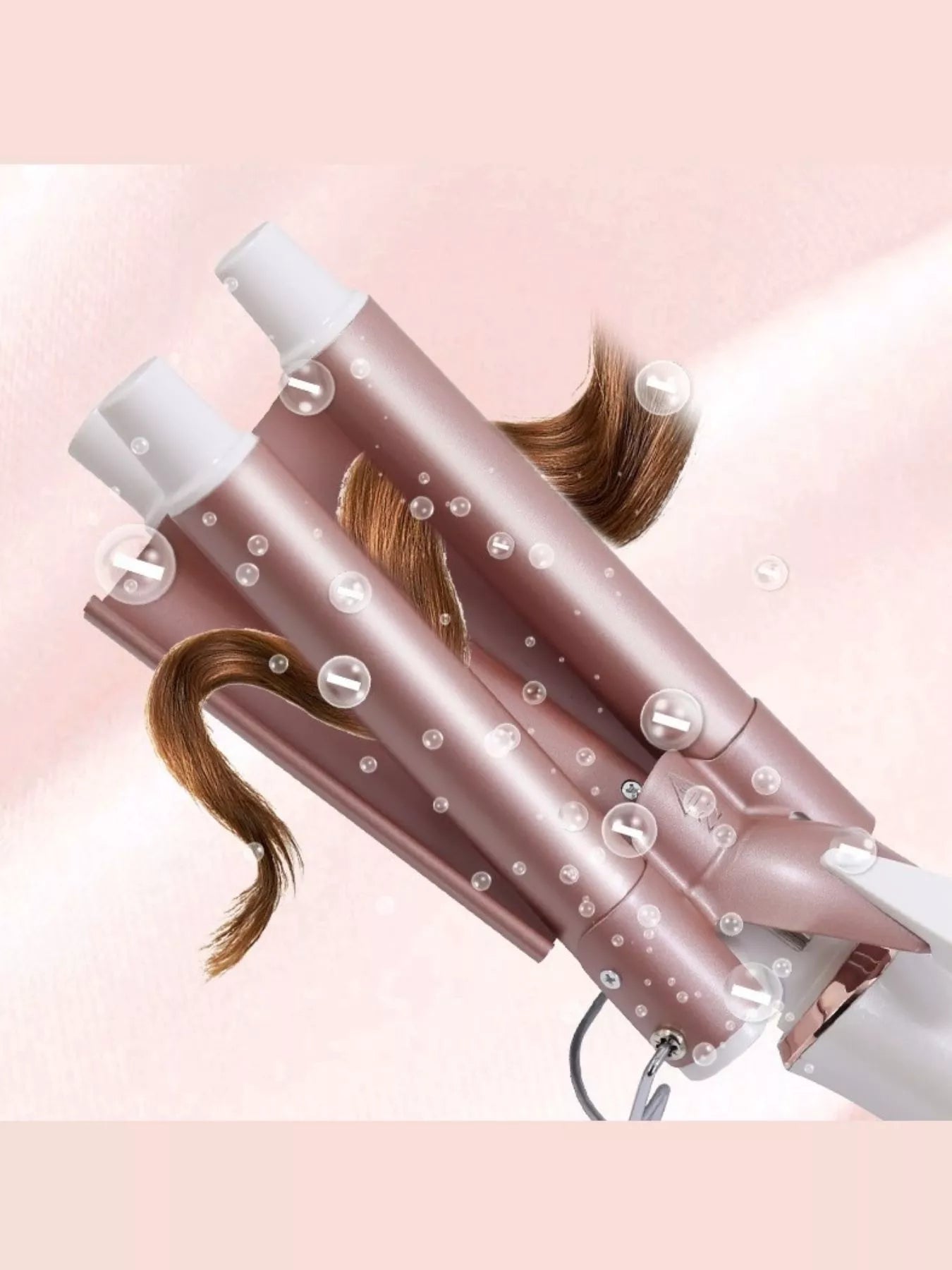 Rose gold Trendsi 3-barrel hair curling iron with European plug, showing the multi-barrel design for creating waves and curls.
