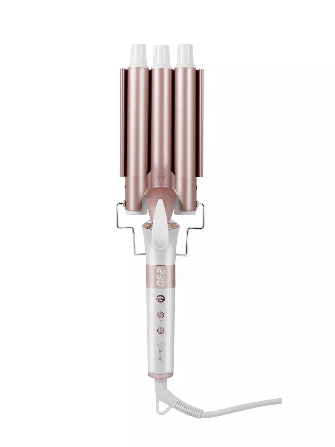 Rose gold Trendsi 3-barrel hair curling iron with European plug, showing the professional styling tool for creating beach waves and curls.