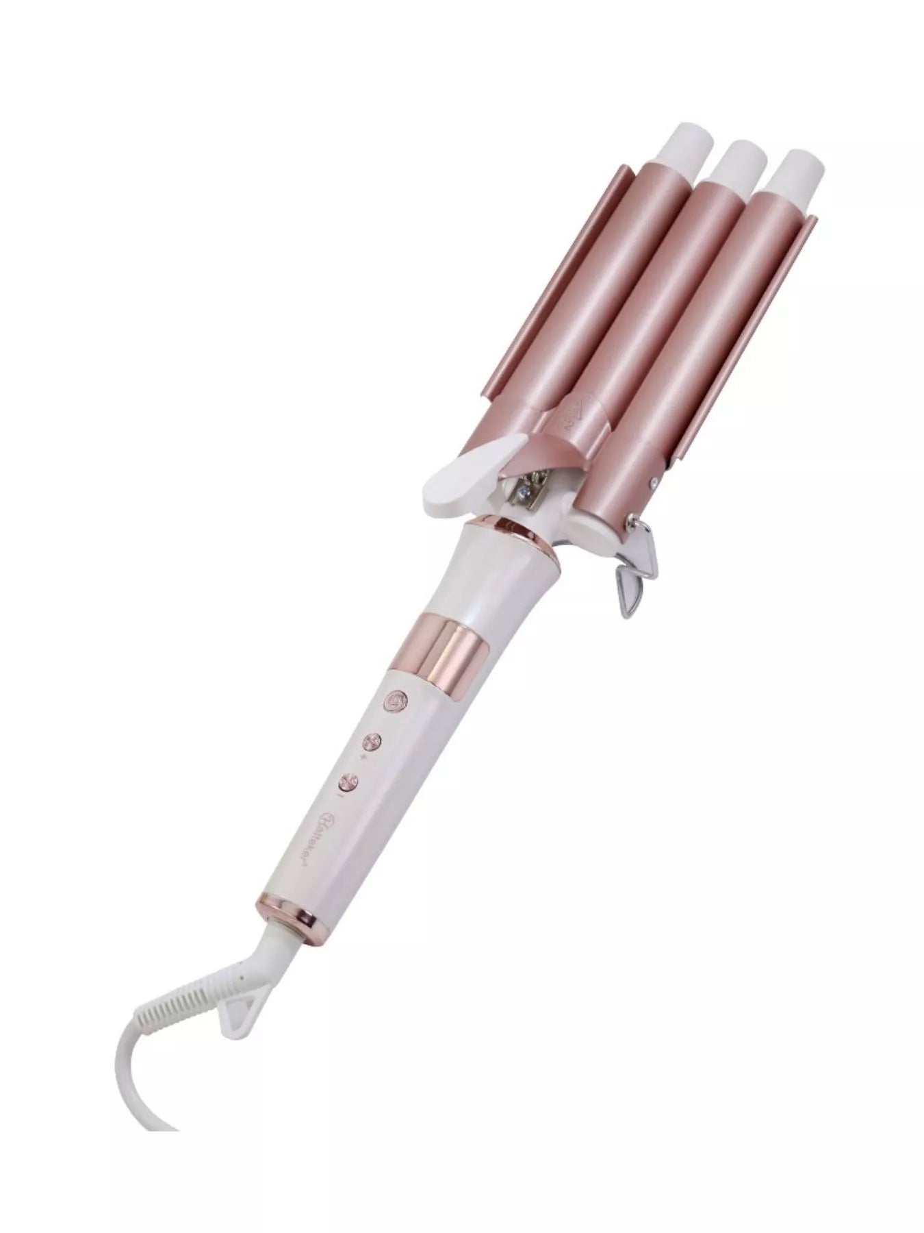Rose gold Trendsi 3-barrel hair curling iron with European plug for creating smooth, beachy waves and curls.