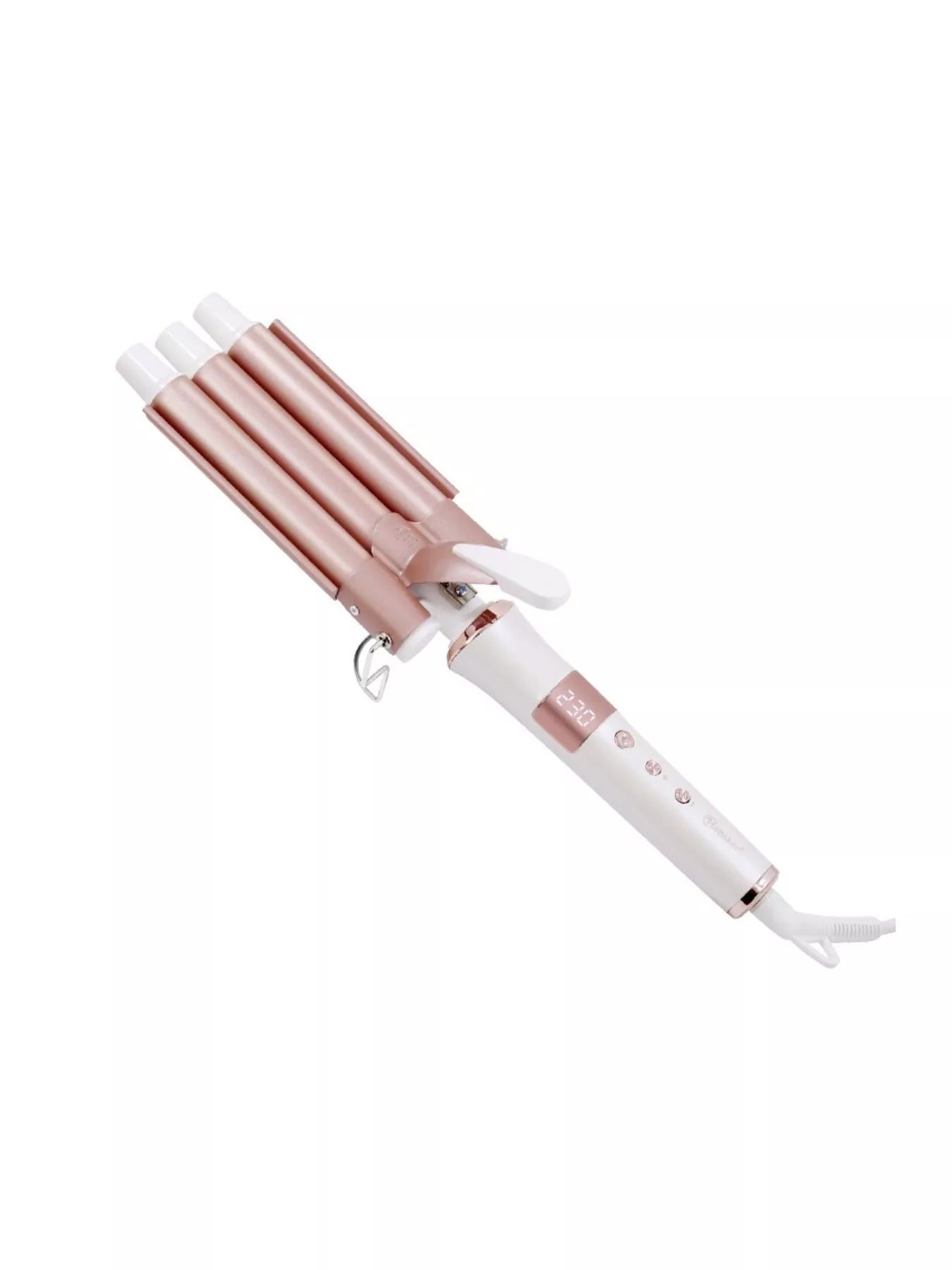 Rose gold Trendsi 3-barrel hair curling iron with European plug, showcasing its sleek design and multiple barrel curling features.