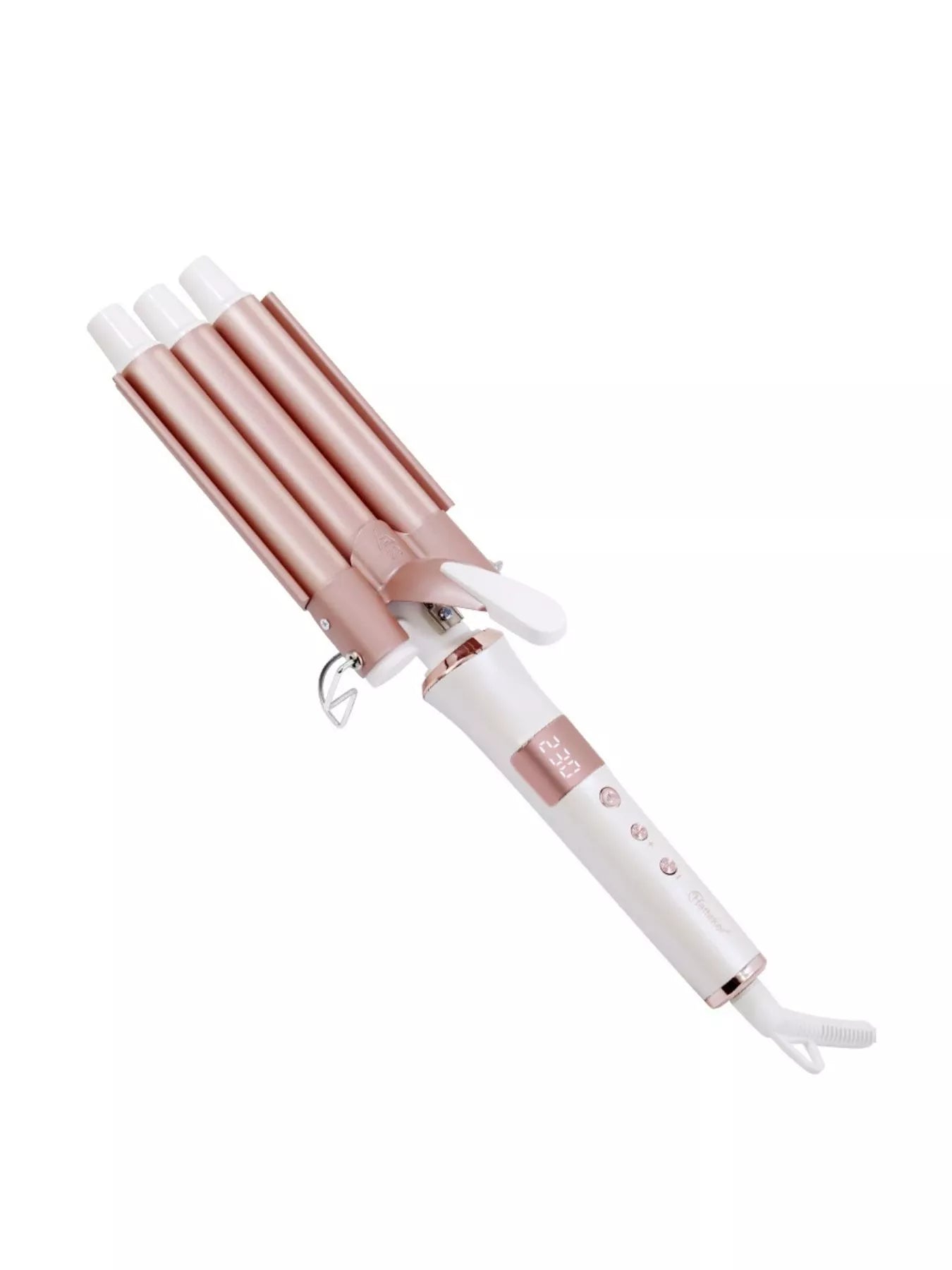 Rose gold Trendsi 3-barrel hair curling iron with European plug, designed for creating smooth, natural waves and curls.