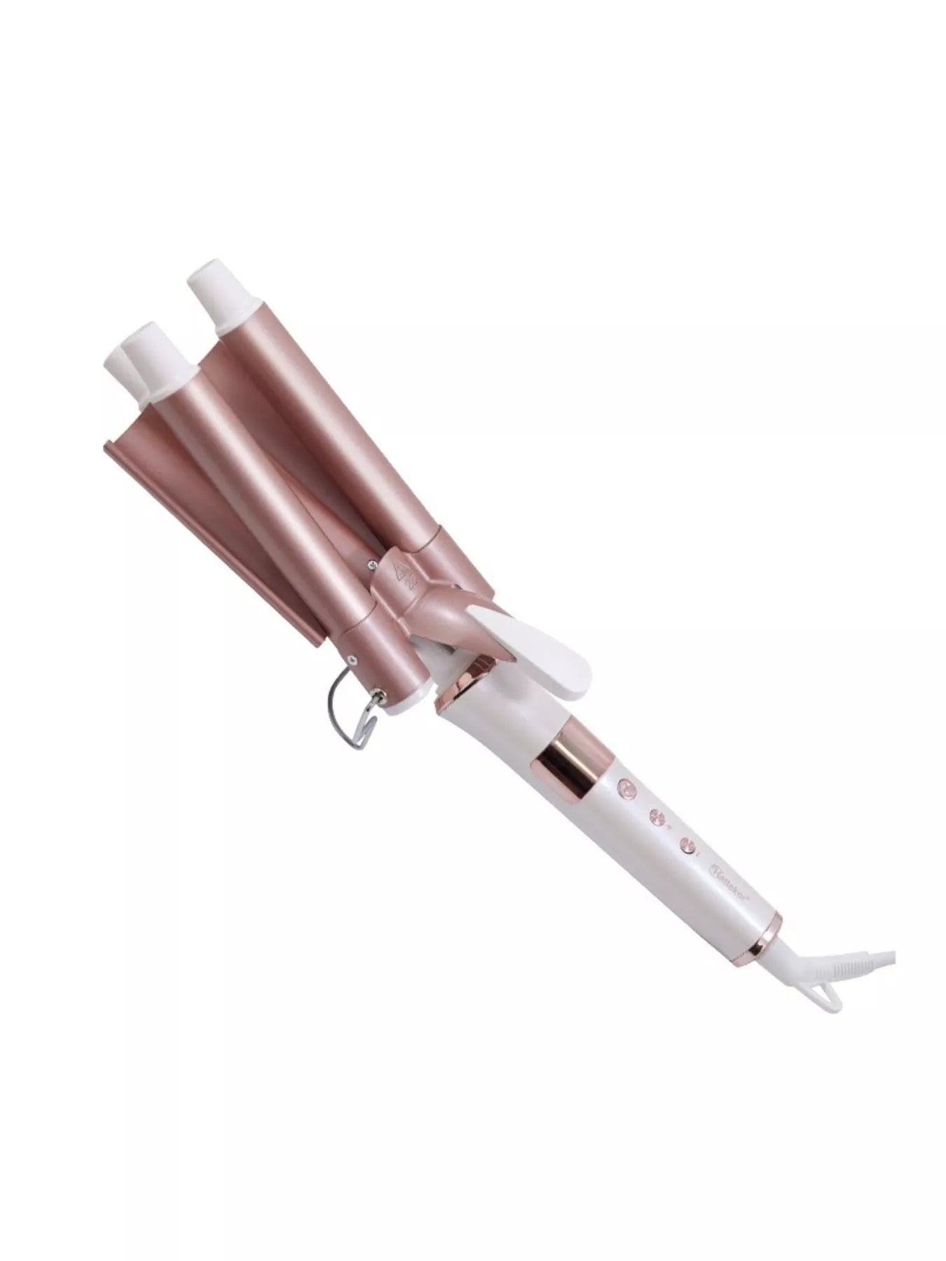 Rose gold Trendsi 3-barrel hair curling iron with European plug, showcasing the curling iron's barrel design and sleek finish.