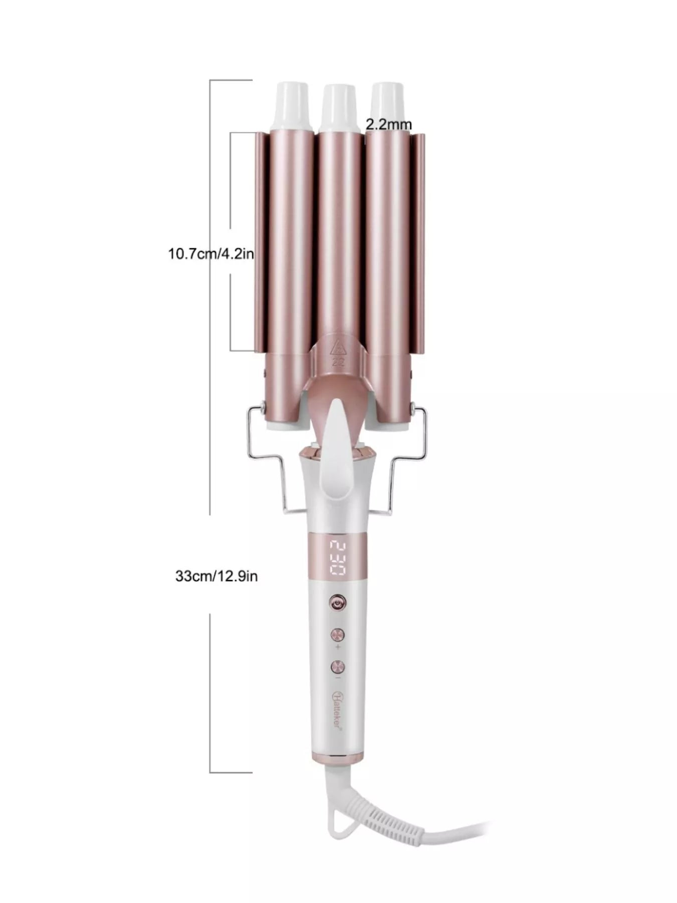 Trendsi rose gold 3-barrel hair curling iron with European plug, showing the barrel design and sleek handle for styling curls.
