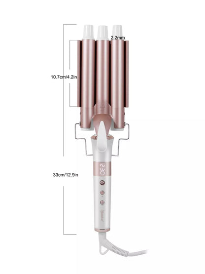 Trendsi rose gold 3-barrel hair curling iron with European plug, showing the barrel design and sleek handle for styling curls.