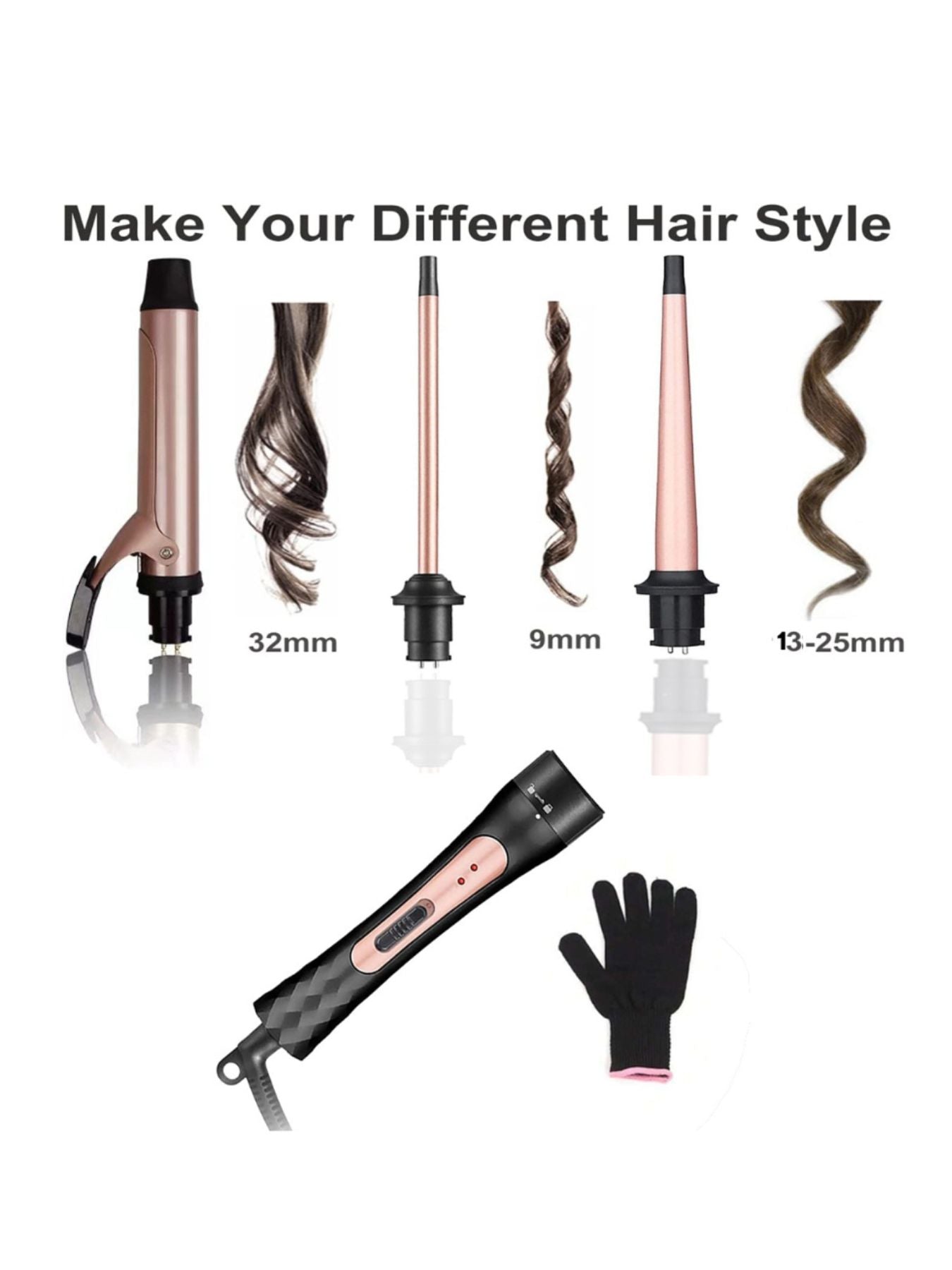 Rose gold adjustable temperature curling iron by Trendsi with European plug for versatile hair styling.