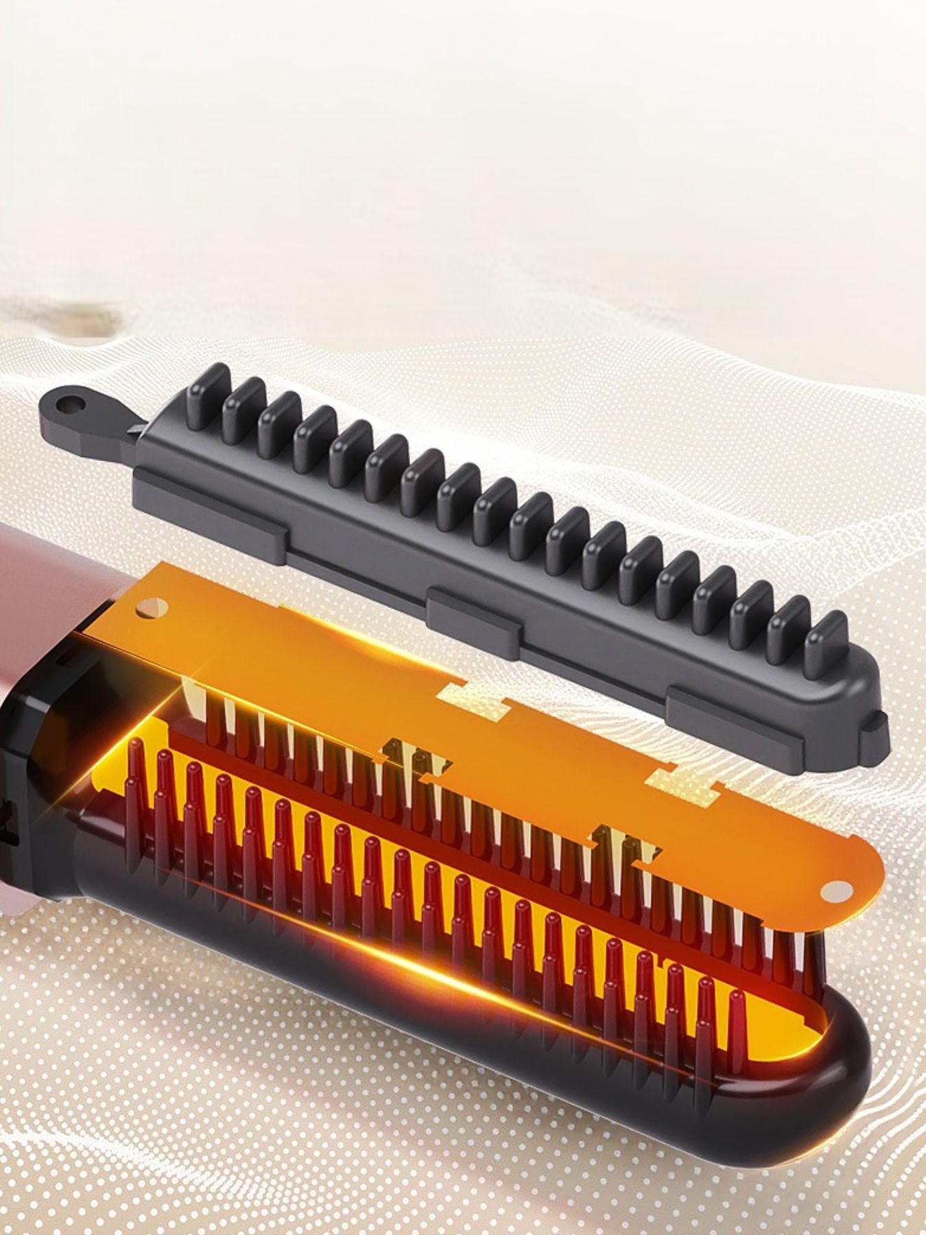 Rose gold portable straightening comb by Trendsi, compact hair styling tool with heated teeth for quick, easy hair straightening.