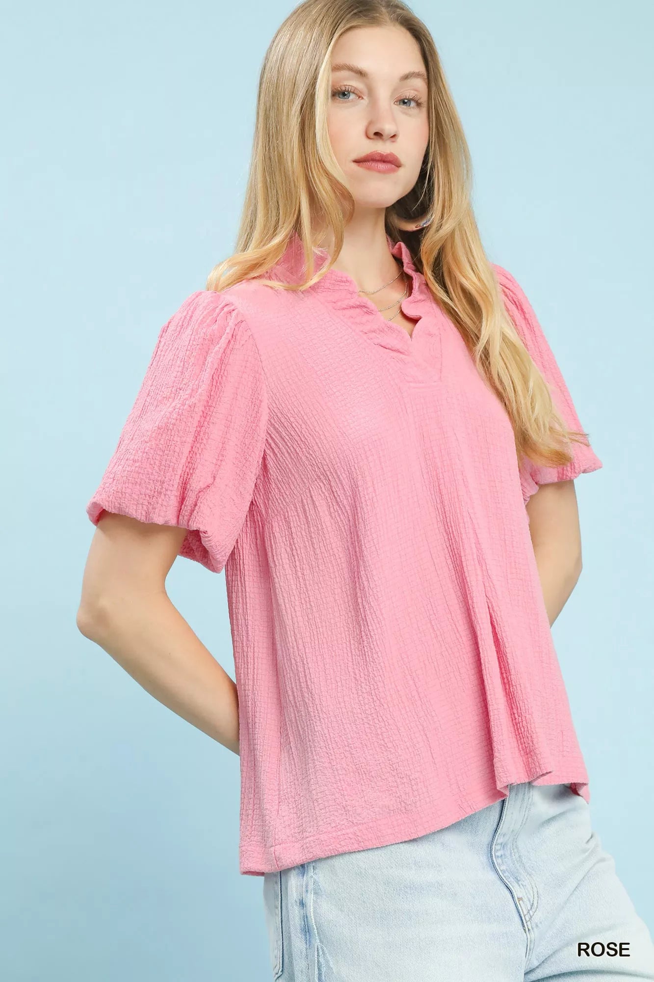 Pink Umgee Seersucker Puff Sleeve Blouse with ruffled collar and puffed sleeves, displayed on a white background.
