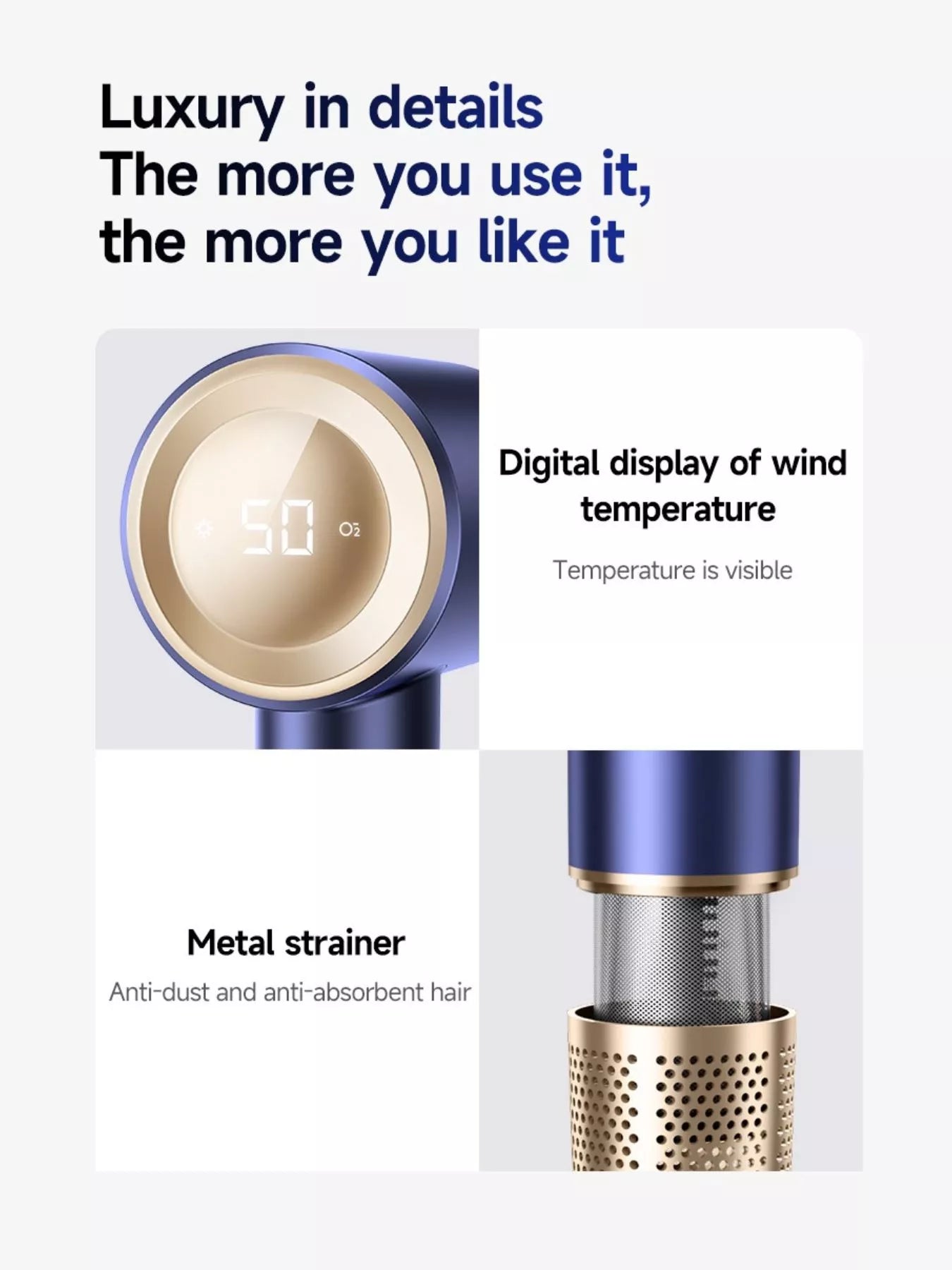 Royal blue Trendsi hair dryer with constant temperature control and high-speed airflow, European plug, professional styling tool.