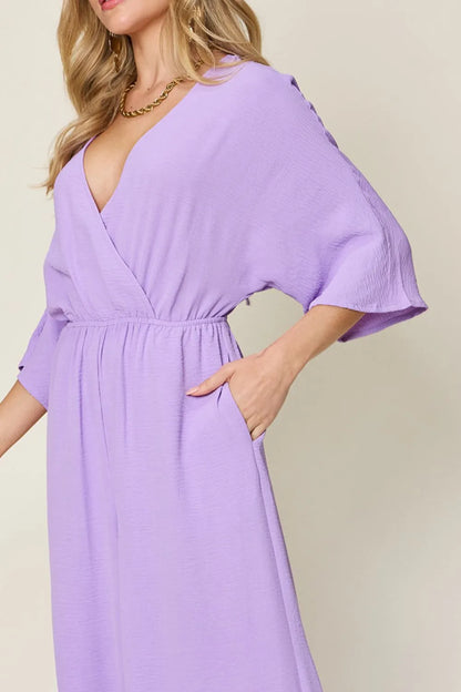 Royal blue Trendsi double take surplice wide-leg jumpsuit with pockets, full size, stylish and comfortable for casual or dressy wear.