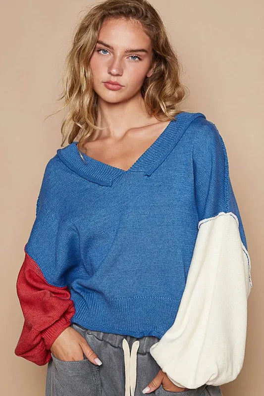 Royal blue POL Trendsi V-neck sweater with exposed seams and lantern sleeves, featuring contrast detailing.
