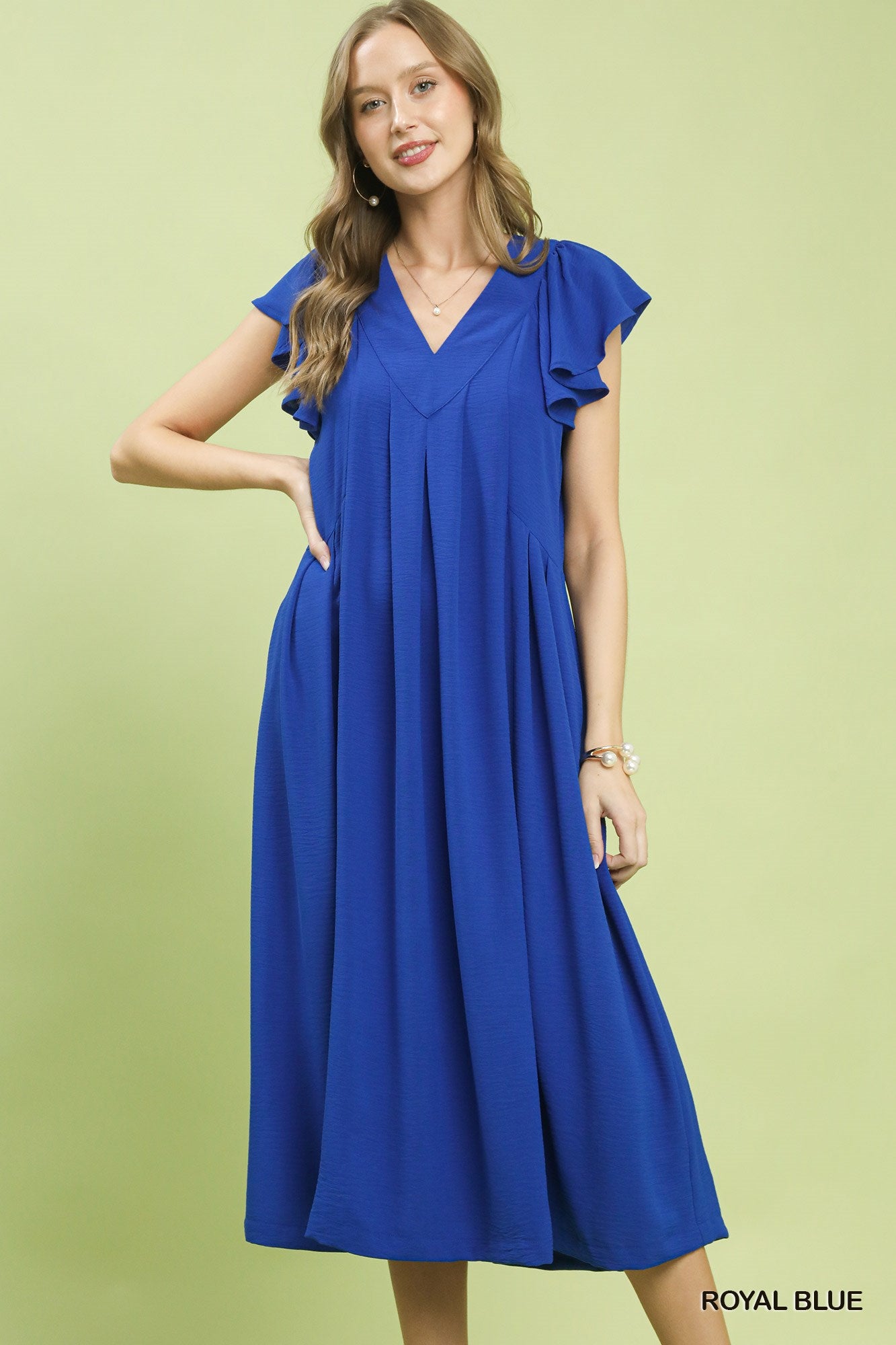 Royal blue Umgee ruffle sleeve V-neck midi dress with a flowing silhouette, perfect for casual or semi-formal occasions.