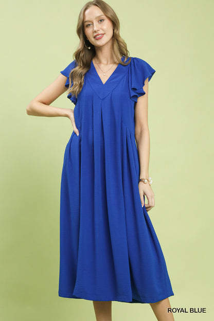Royal blue Umgee ruffle sleeve V-neck midi dress with a flowing silhouette, perfect for casual or semi-formal occasions.