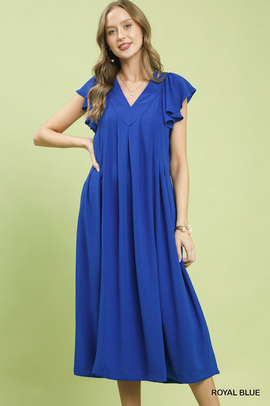 Royal blue Umgee ruffle sleeve V-neck midi dress with a flowing silhouette, perfect for casual or semi-formal occasions.