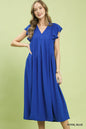 Royal blue Umgee ruffle sleeve V-neck midi dress with a flowing silhouette, perfect for casual or semi-formal occasions.