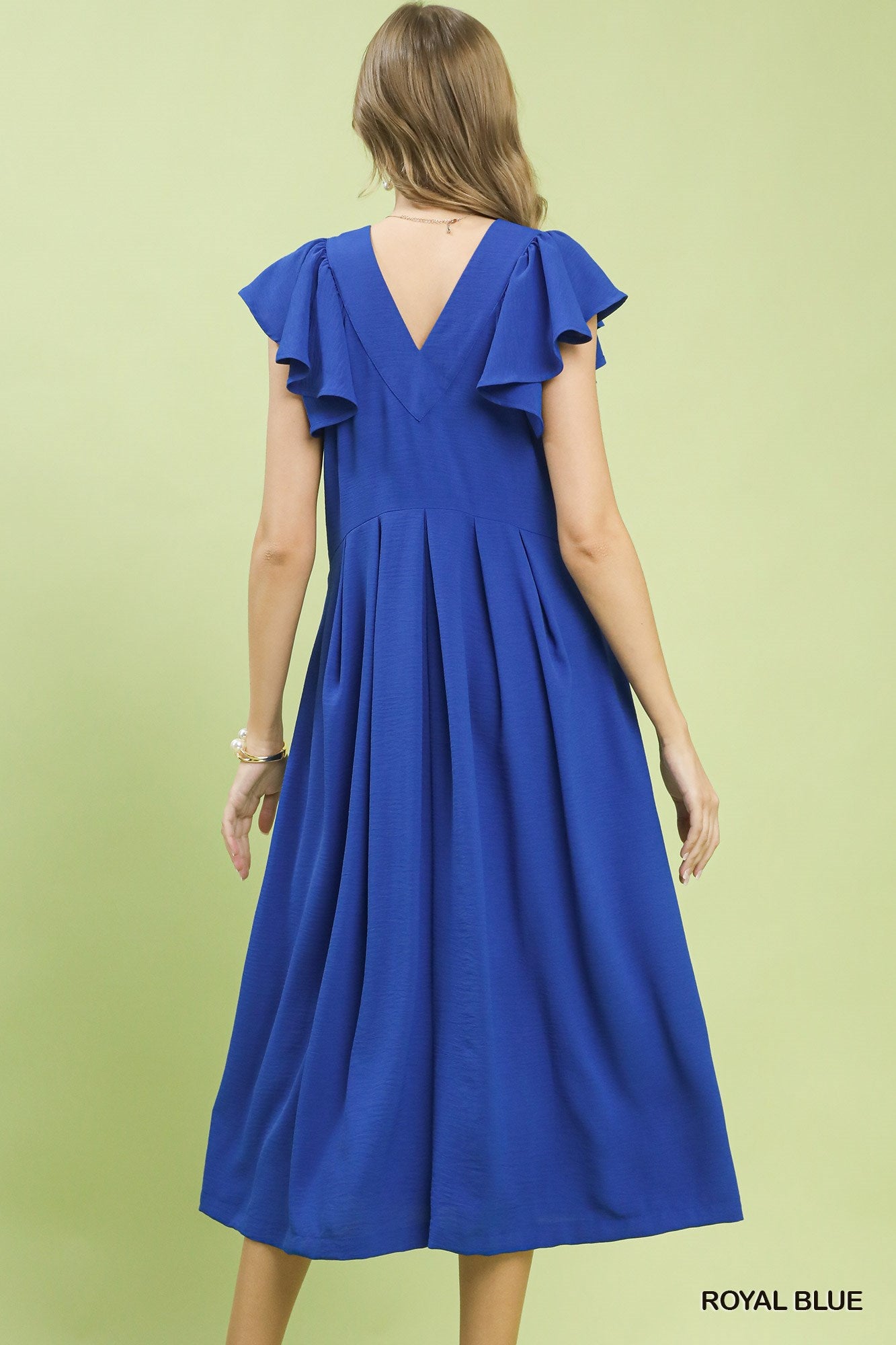 Royal blue Umgee ruffle sleeve V-neck midi dress featuring a flowy silhouette and elegant design.