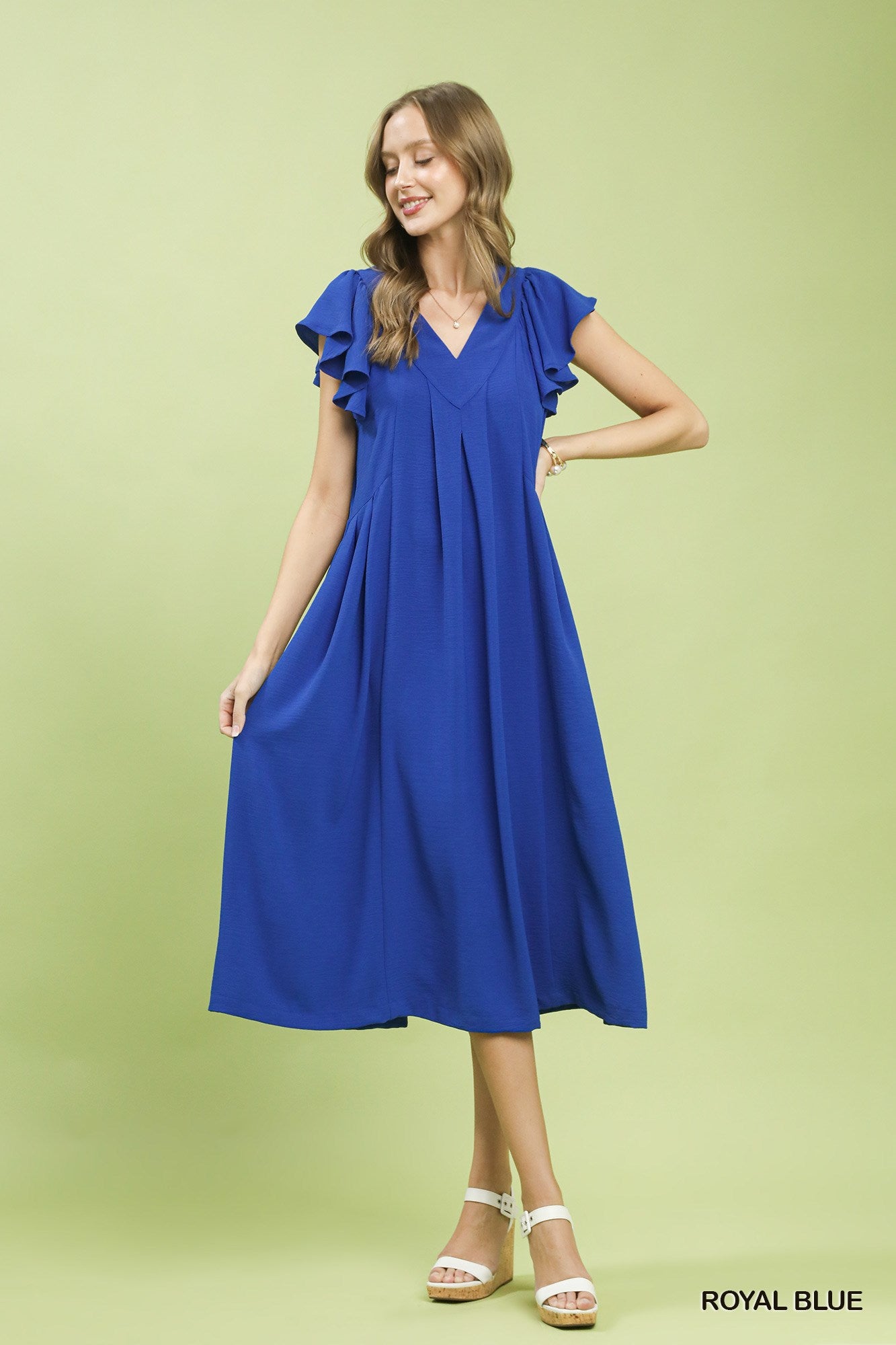 Royal blue Umgee ruffle sleeve v-neck midi dress with a flowy silhouette, perfect for casual or semi-formal occasions.