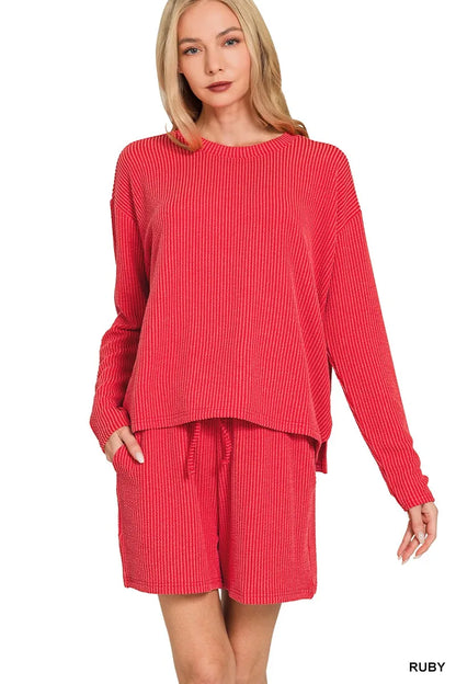 Trendsi Zenana corded rib long sleeve tee and matching shorts set, in a cozy, casual style, shown in a relaxed fit.