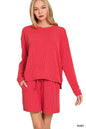 Trendsi Zenana corded rib long sleeve tee and matching shorts set, in a cozy, casual style, shown in a relaxed fit.