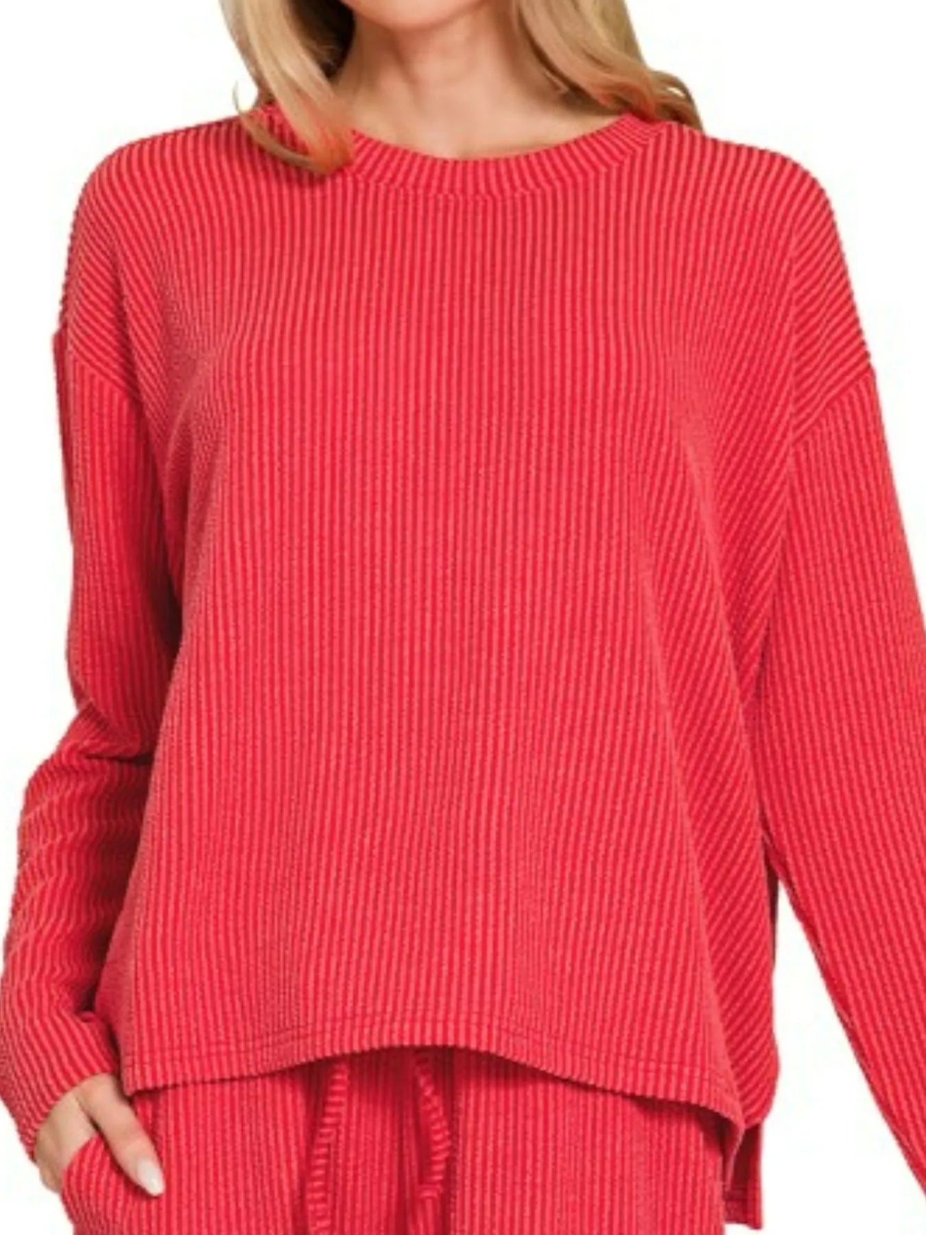 Zenana corded rib long sleeve tee and shorts set with matching top and bottom, in a cozy, casual style.