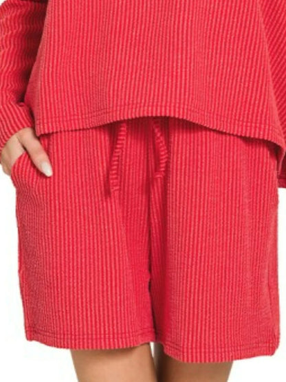 Zenana corded rib long sleeve tee and shorts set, stylish and comfortable casual outfit, in soft fabric with ribbed texture.