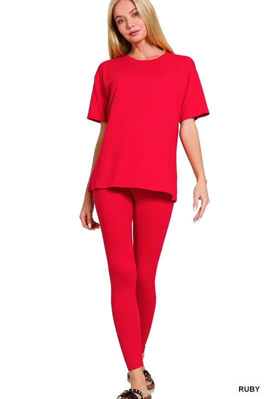 Plus size Zenana microfiber loungewear set with short sleeve top and pants, soft brushed fabric, comfortable casual style.