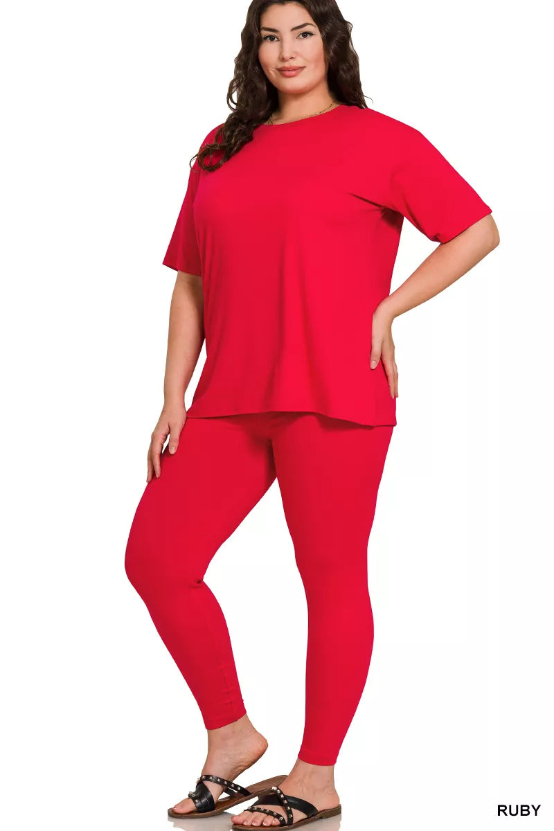 Plus size Zenana loungewear set featuring brushed microfiber short sleeve top and matching pants, comfortable and relaxed fit.