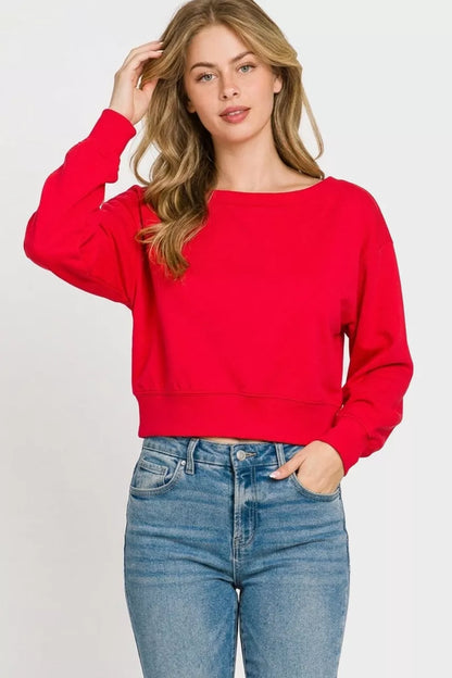 Zenana scuba cropped boat neck pullover sweatshirt in ruby color, stylish and comfortable for casual wear.