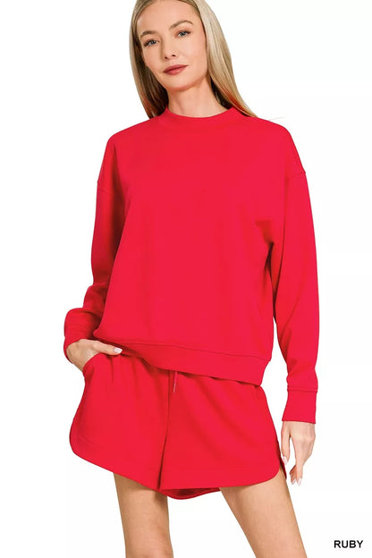 Zenana scuba long sleeve sweatshirt and shorts set in black, featuring a relaxed fit and casual athletic style.