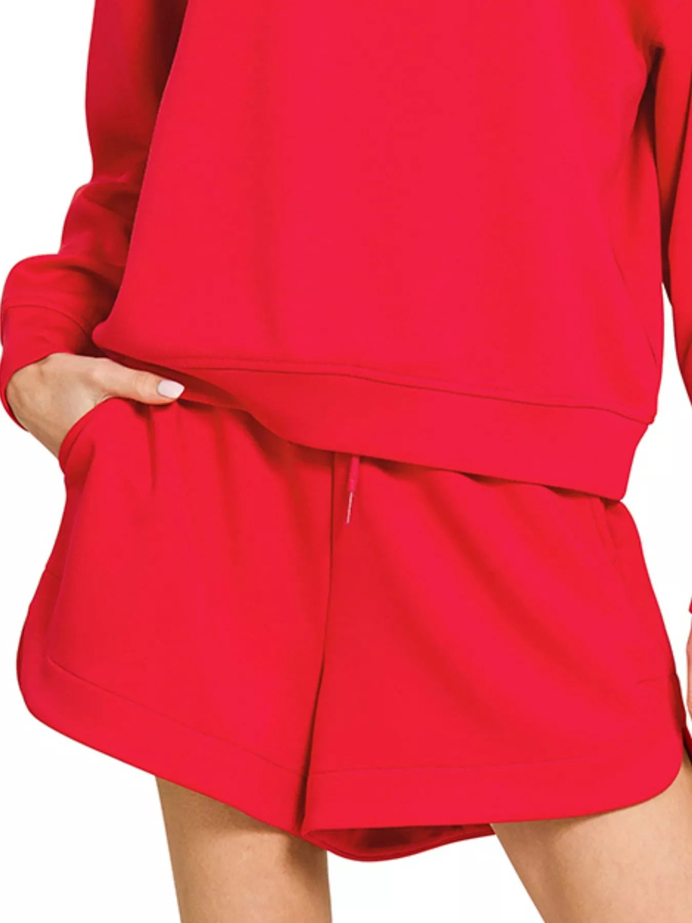 Zenana Scuba long sleeve sweatshirt and shorts set featuring a comfortable, sporty design in vibrant fabric.