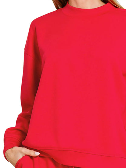 Zenana Scuba long sleeve sweatshirt and shorts set in blue, casual athletic wear, with a relaxed fit and comfortable fabric.