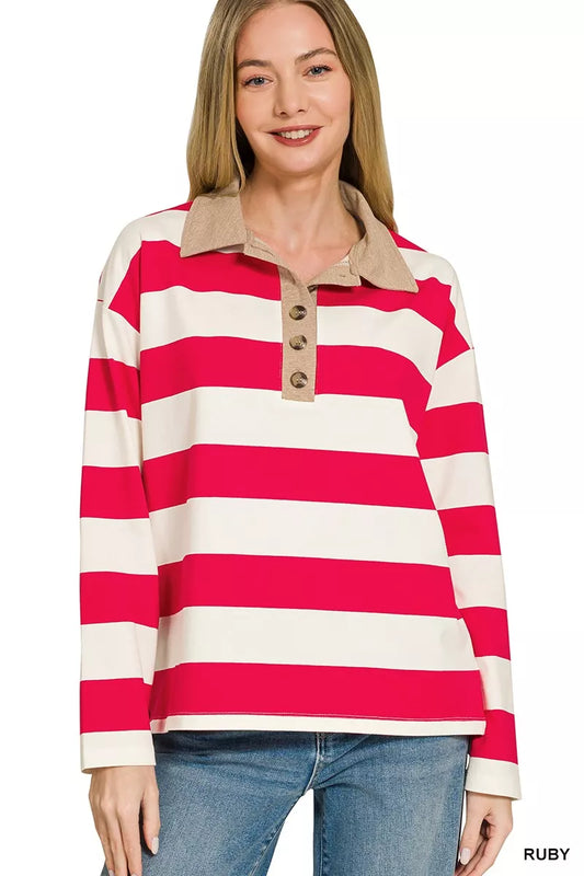 Zenana striped contrast collar polo top with short sleeves, featuring a classic fit and vibrant red and white striped pattern.