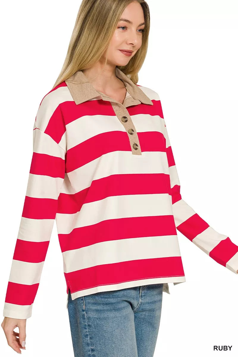 Zenana striped contrast collar polo top from Trendsi, featuring a classic design with bold stripes and a stylish collar detail.