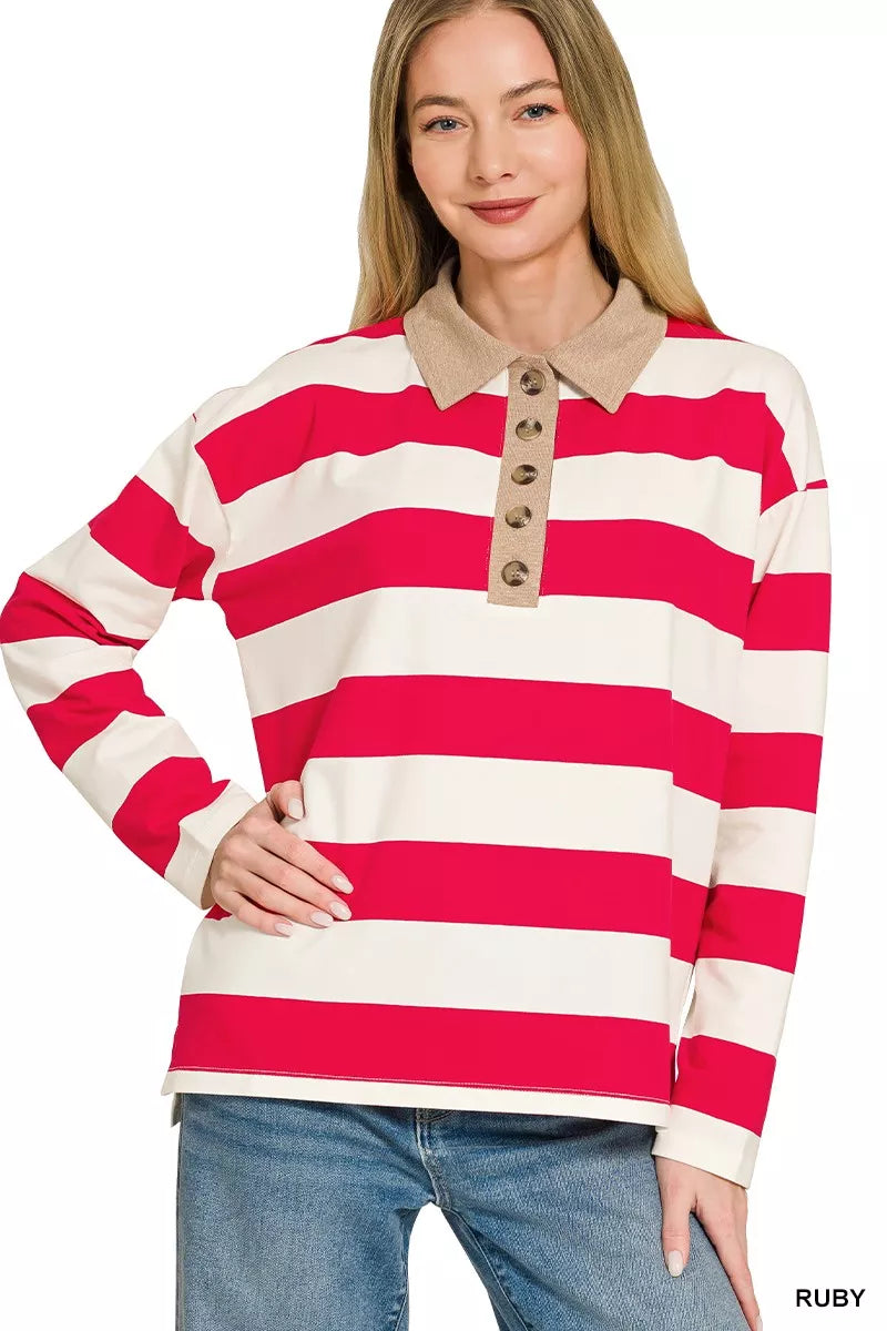 Zenana striped contrast collar polo top by Trendsi, featuring a classic design with a collared neckline and colorful stripes.