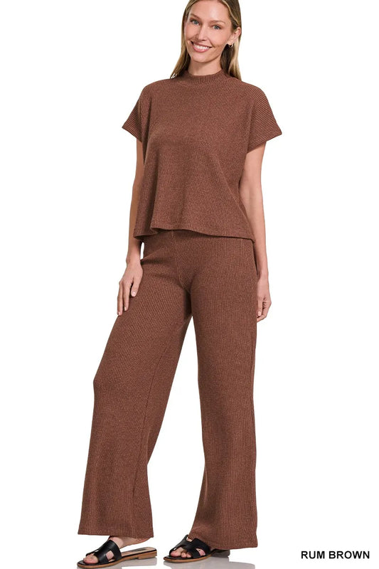 Trendsi Zenana brown sweater boxy top with long pants set, featuring a cozy, casual knit design and relaxed fit.