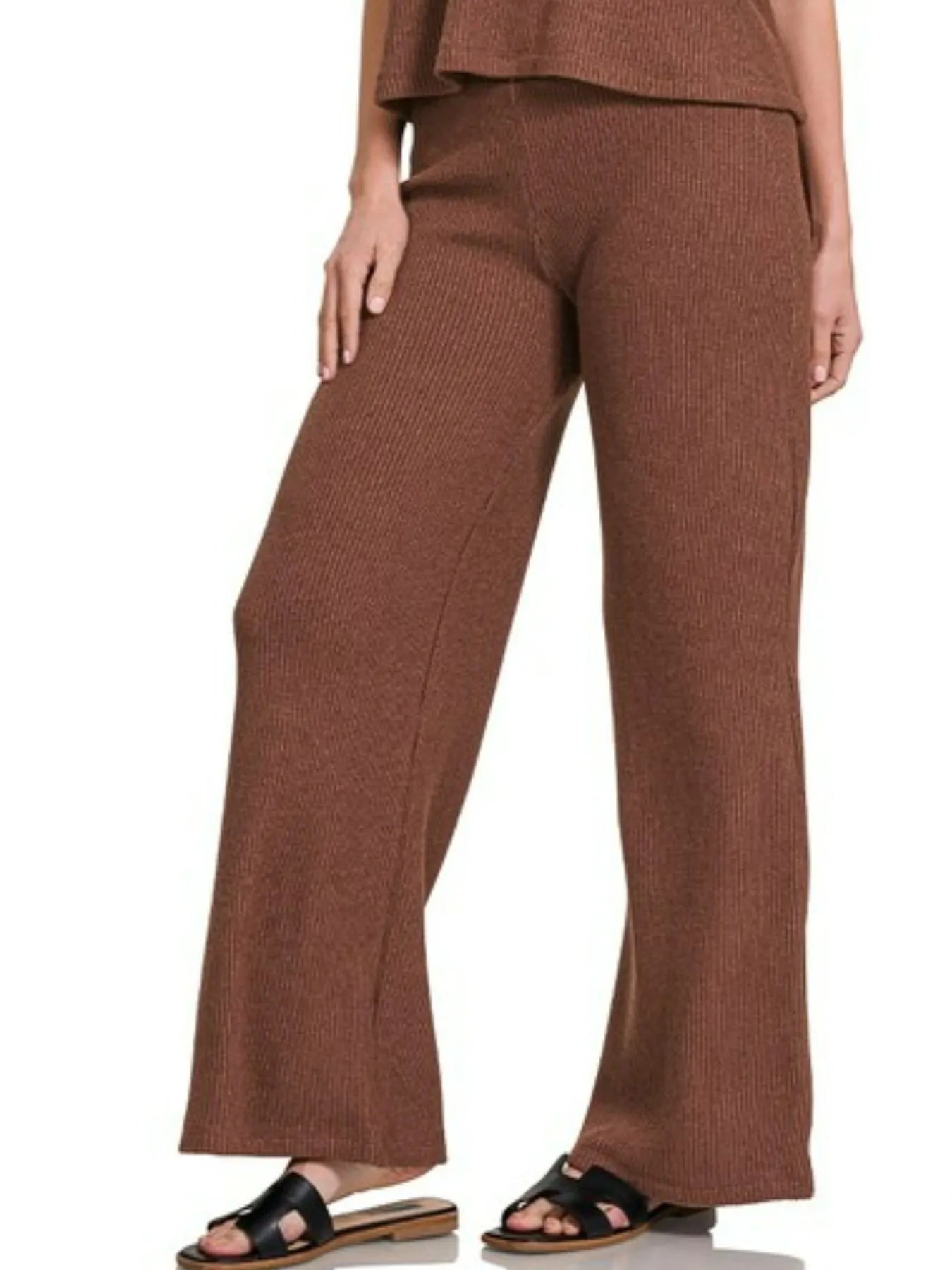 Brown Zenana sweater boxy top and long pants set, casual and comfortable outfit, styled with a relaxed fit.
