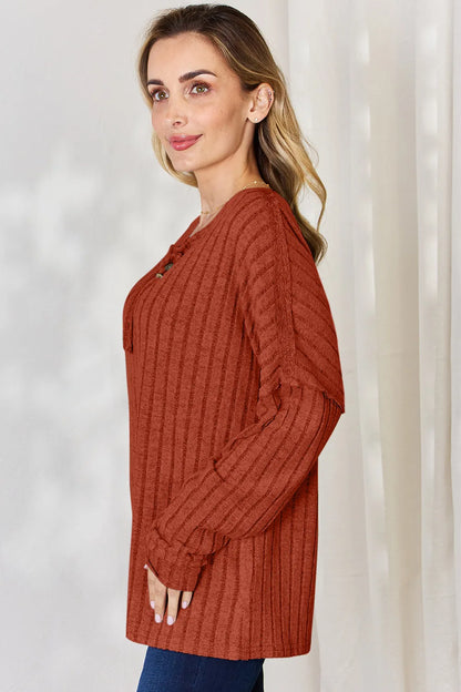 Rust-colored Basic Bae full-size ribbed long sleeve T-shirt with half-button front from Trendsi.
