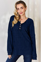 Rust-colored Trendsi Basic Bae ribbed long sleeve T-shirt with half button front and full size fit.