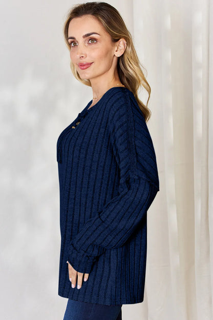 Rust-colored Basic Bae ribbed long sleeve T-shirt by Trendsi with half-button detail and a full-size fit.