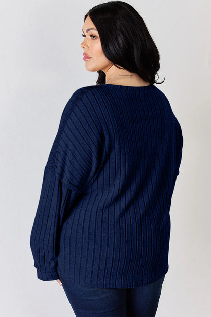 Rust-colored Trendsi Basic Bae ribbed long sleeve T-shirt with half-button front, full size, casual and comfortable fit.