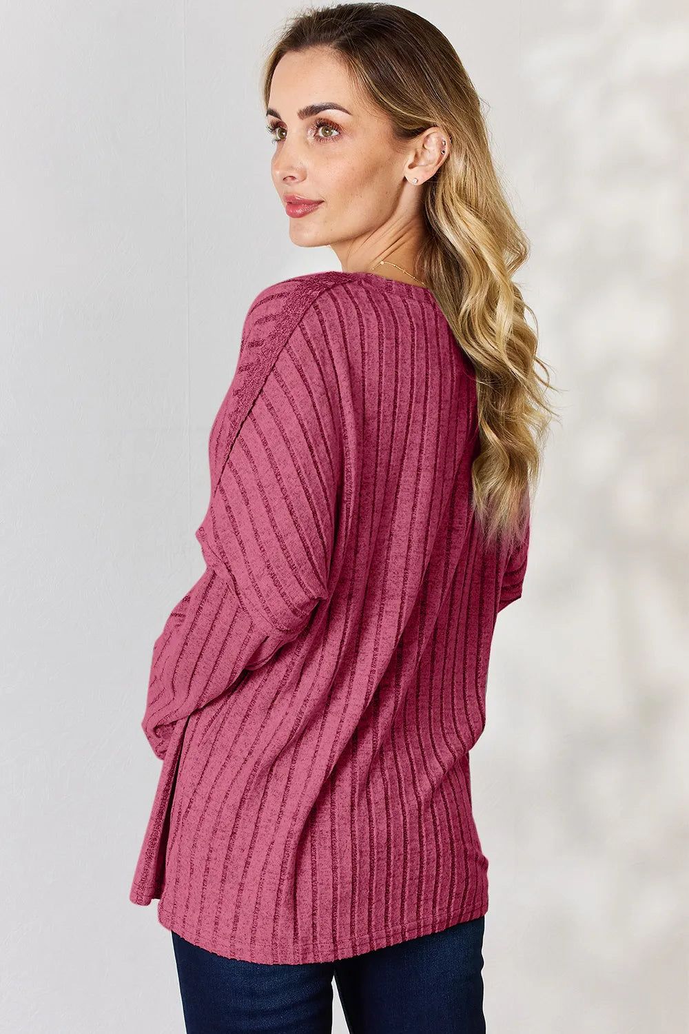 Rust-colored Basic Bae full-size ribbed long sleeve T-shirt with half button detail, from Trendsi.