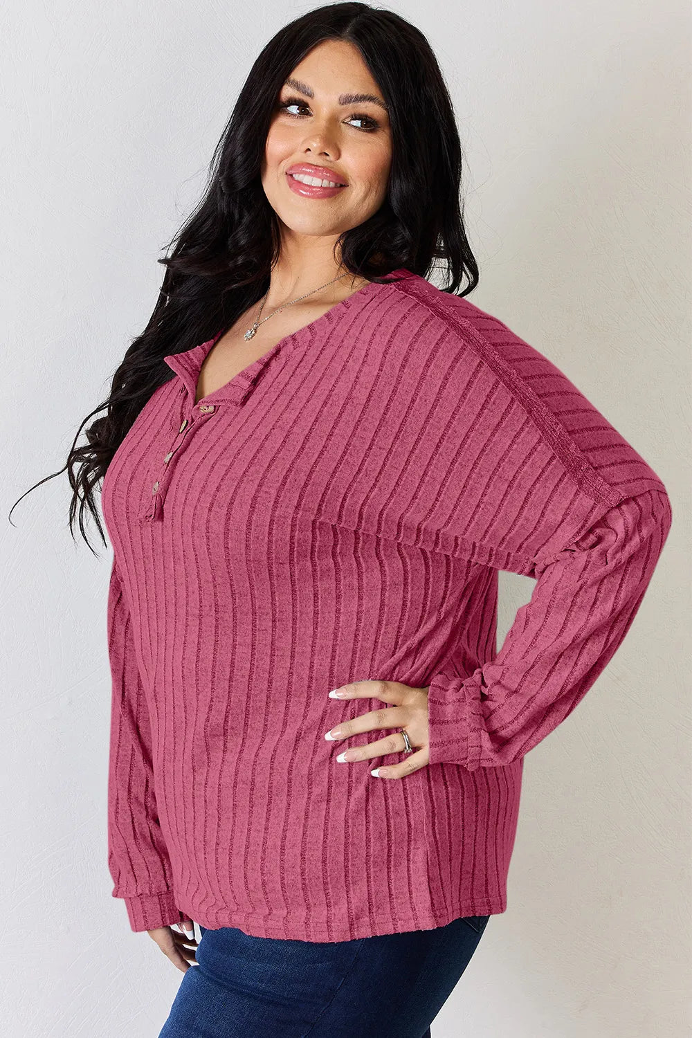 Rust-colored Trendsi Basic Bae ribbed long sleeve T-shirt with half button front, full size, and fitted design.
