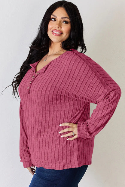 Rust-colored Trendsi Basic Bae ribbed long sleeve T-shirt with half button front, full size, and fitted design.