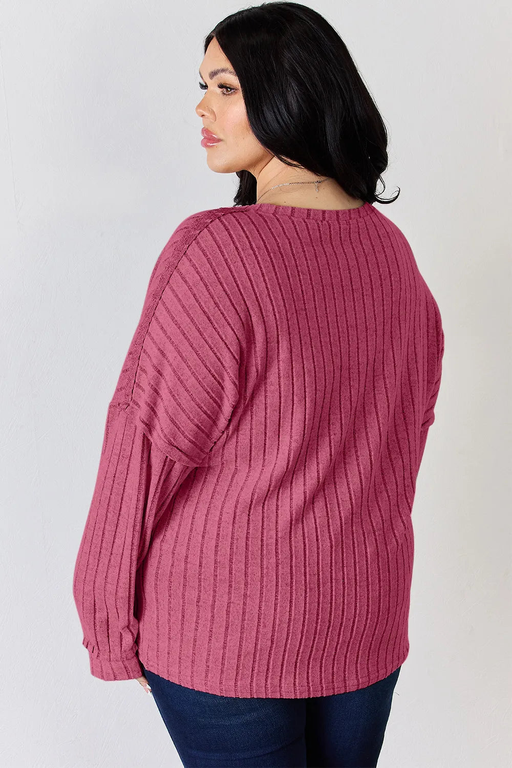 Rust-colored Trendsi Basic Bae ribbed long sleeve T-shirt with half button detail, full size, casual and comfortable.